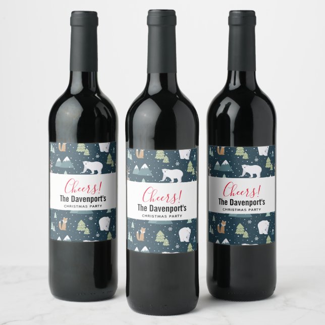 Cute Christmas Winter Animals Rustic Pattern Wine Label (Bottles)