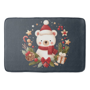 Cute Christmas/Winter bear in wreath Bath Mat