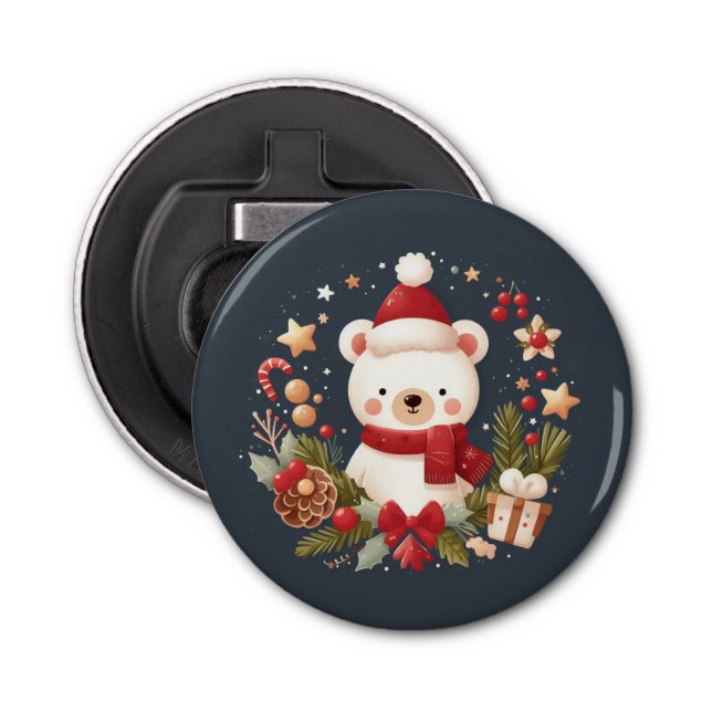 Cute Christmas/Winter bear in wreath Bottle Opener (Front)