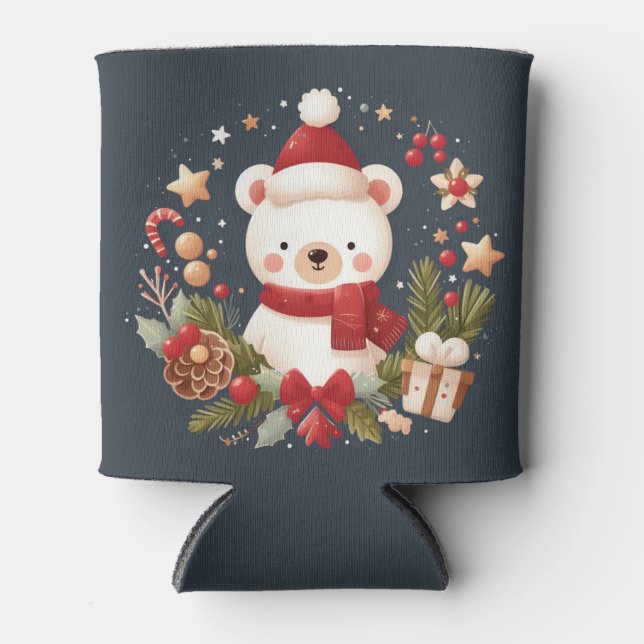 Cute Christmas/Winter bear in wreath Can Cooler (Front)