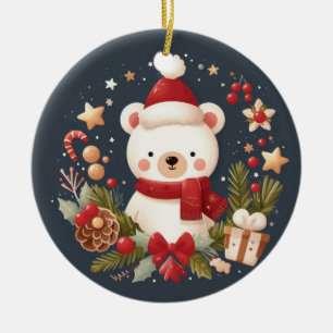 Cute Christmas/Winter bear in wreath Ceramic Tree Decoration