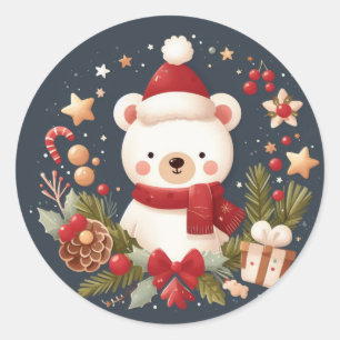 Cute Christmas/Winter bear in wreath Classic Round Sticker