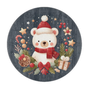 Cute Christmas/Winter bear in wreath Cutting Board
