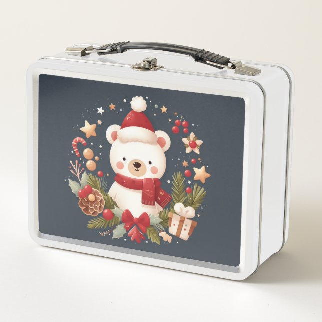 Cute Christmas/Winter bear in wreath Metal Lunch Box (Front)