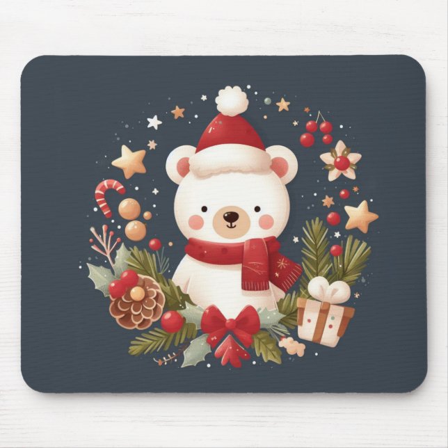 Cute Christmas/Winter bear in wreath Mouse Mat (Front)