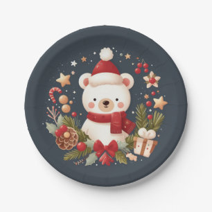 Cute Christmas/Winter bear in wreath Paper Plate