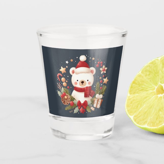 Cute Christmas/Winter bear in wreath Shot Glass (Front)