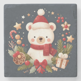 Cute Christmas/Winter bear in wreath Stone Coaster