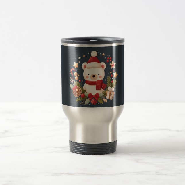 Cute Christmas/Winter bear in wreath Travel Mug (Center)