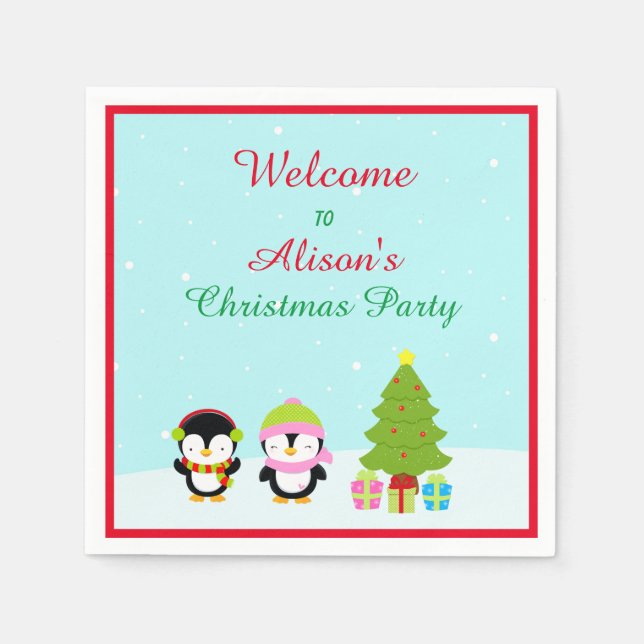 Cute Christmas Winter Penguins and Tree Napkin (Front)