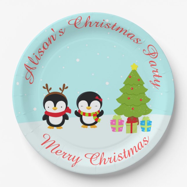 Cute Christmas Winter Penguins and Tree Paper Plate (Front)