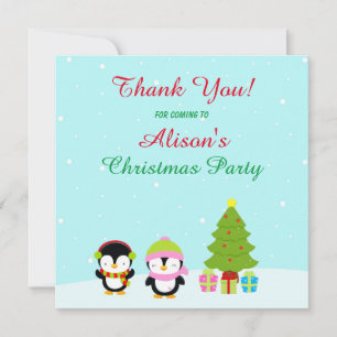 Cute Christmas Winter Penguins and Tree Thank You Card