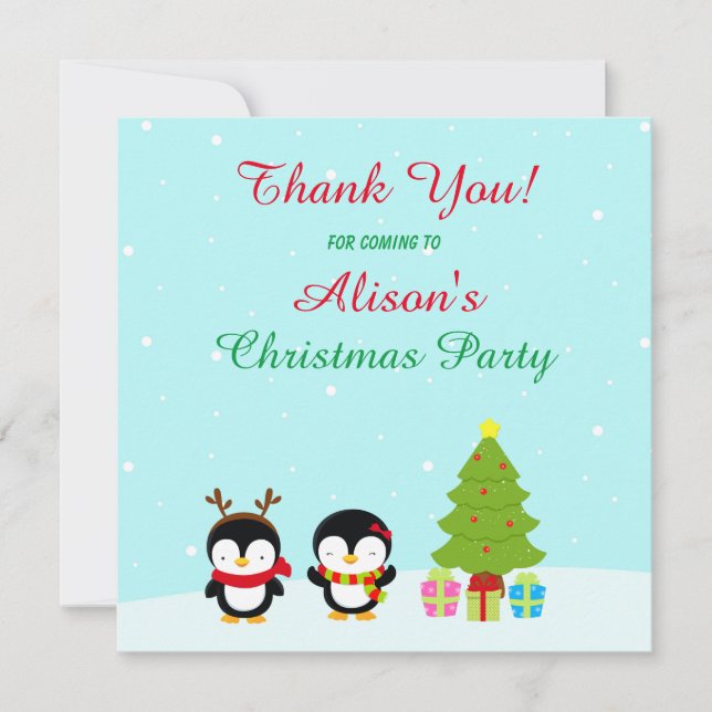 Cute Christmas Winter Penguins and Tree Thank You Card (Front)