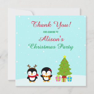 Cute Christmas Winter Penguins and Tree Thank You Card