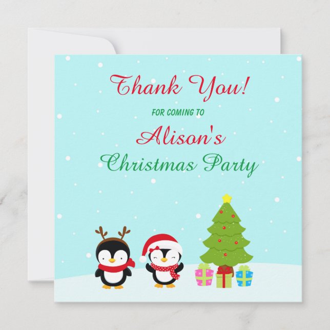 Cute Christmas Winter Penguins and Tree Thank You Card (Front)