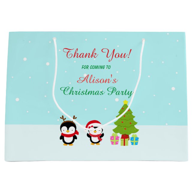 Cute Christmas Winter Penguins and Tree Thank You  Large Gift Bag (Front)