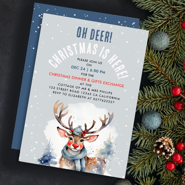 Cute Christmas Winter Reindeer Snow Watercolor  Invitation (Creator Uploaded)