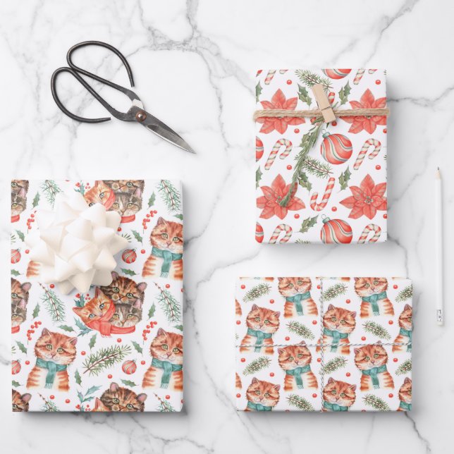 Cute Christmas Winter Watercolour Cats Wrapping Paper Sheet (Front)