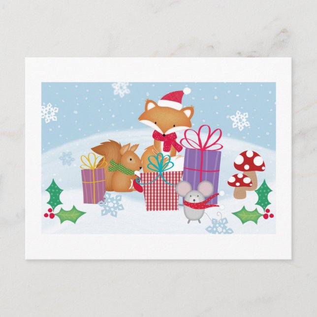Cute Christmas Winter Woodland Animals Art Holiday Postcard (Front)