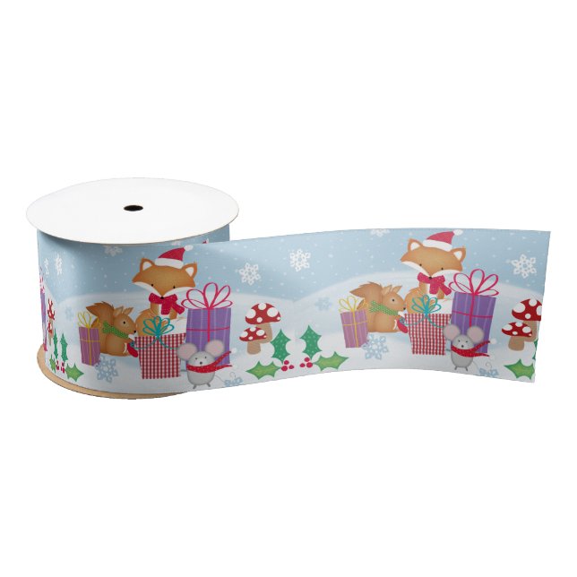 Cute Christmas Winter Woodland Animals Art Satin Ribbon (Spool)