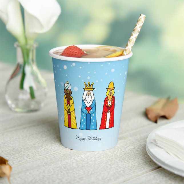 Cute Christmas Wise Men on Light Blue Paper Cups (Insitu)