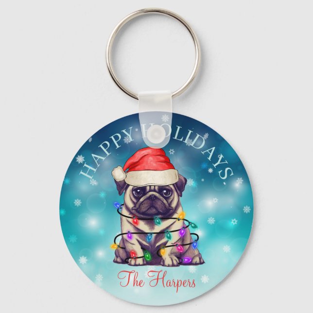 Cute Christmas Wish Happy Holidays Dog Pet Custom Key Ring (Front)
