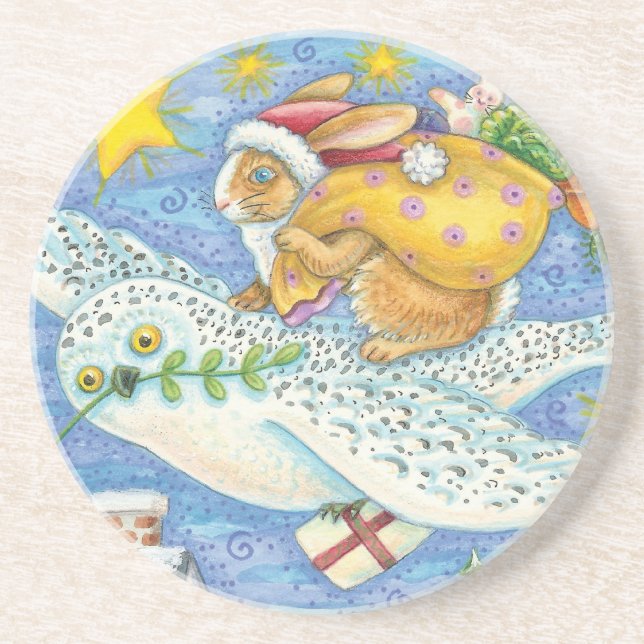Cute Christmas with Rabbit as Santa Claus on Owl Coaster (Front)