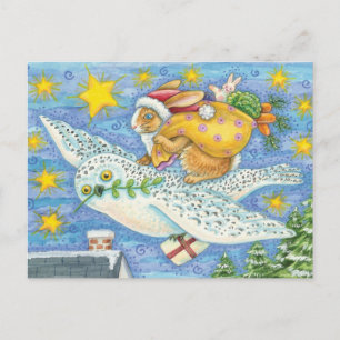 Cute Christmas with Rabbit as Santa Claus on Owl Holiday Postcard