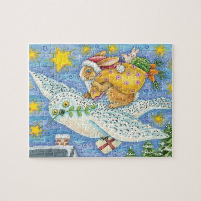 Cute Christmas with Rabbit as Santa Claus on Owl Jigsaw Puzzle (Horizontal)