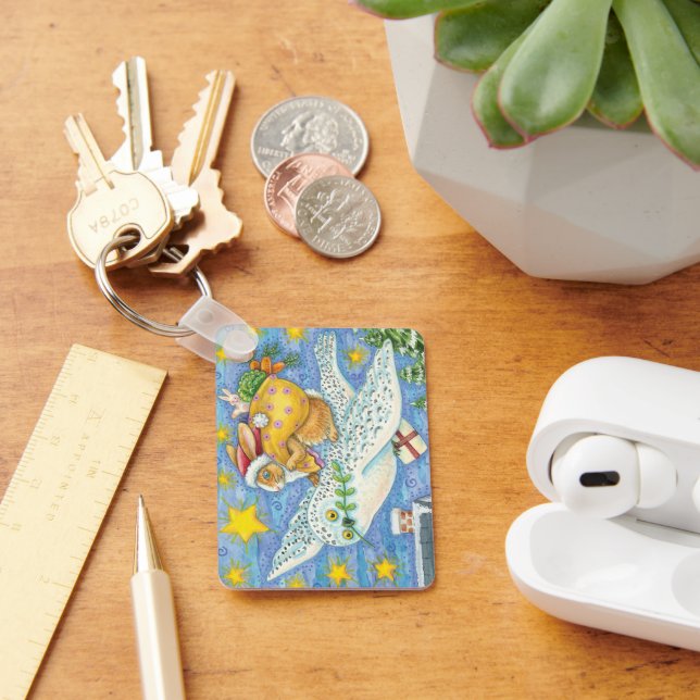 Cute Christmas with Rabbit as Santa Claus on Owl Key Ring (Desk)