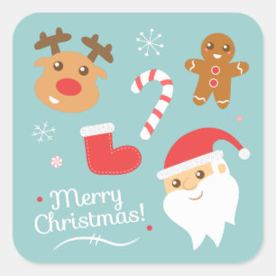 Cute Christmas with Santa, Reindeer, Gingerbread Square Sticker