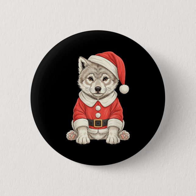 Cute Christmas Wolf Santa  6 Cm Round Badge (Front)