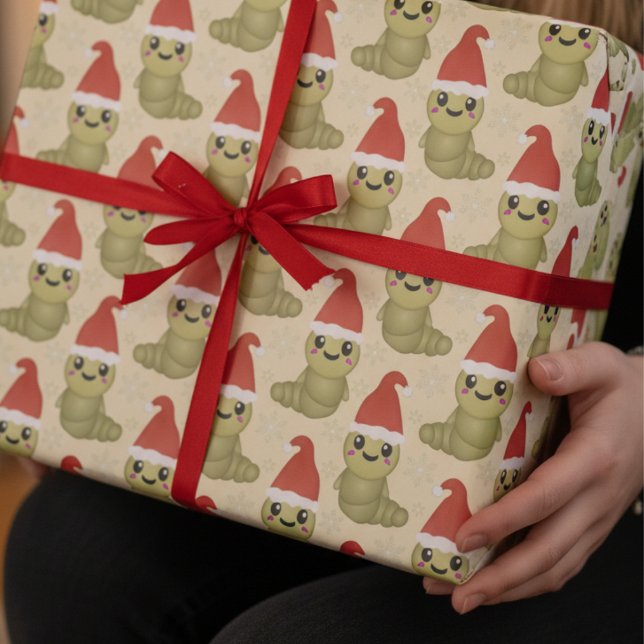 Cute Christmas Worms Hand Drawn Gift Wrapping Paper (I have drawn this little worm character to bring a touch of cuteness to your Christmas gifting.)