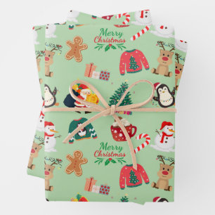 Cute Christmas Wrapping Paper Flat Sheet Set of 3