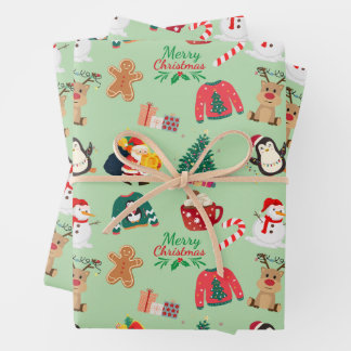 Cute Christmas Wrapping Paper Flat Sheet Set of 3