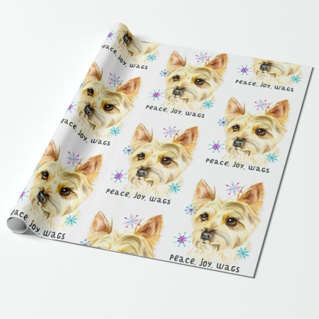 Cute Christmas Yorkie Dog Peace Joy Wags Pattern Wrapping Paper (Unrolled)