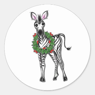 Cute Christmas Zebra illustration Holly wreath Classic Round Sticker