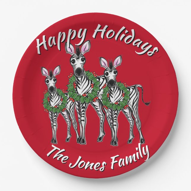 Cute Christmas Zebras personalise  Paper Plate (Front)