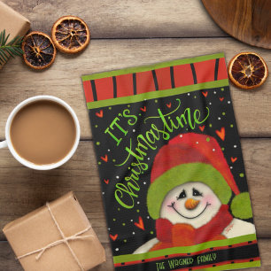 Cute Christmastime Snowman Red Green Personalised  Tea Towel
