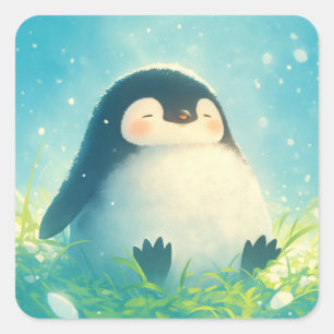 Cute Chubby Baby Penguin Resting in Green Meadow Square Sticker
