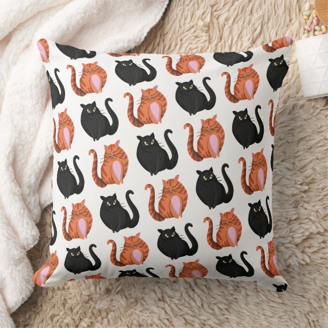 Cute Chubby Black & Orange Tabby Cats Pattern Cushion (Blanket)