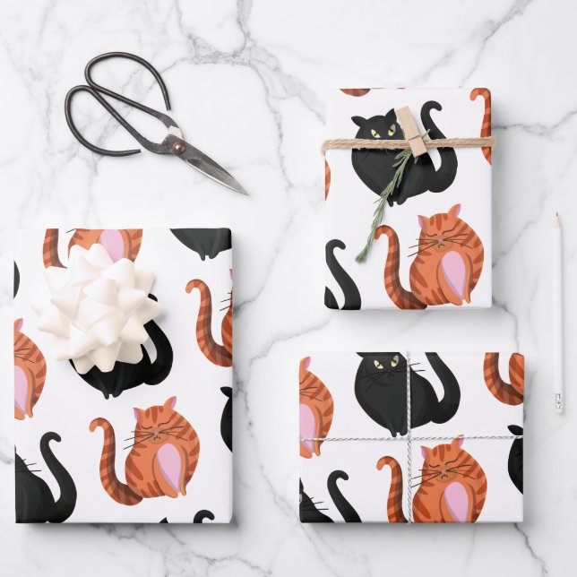 Cute Chubby Black & Orange Tabby Cats Pattern Wrapping Paper Sheet (Front)
