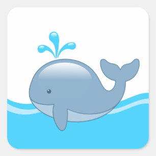 Cute Chubby Cartoon Whale in Ocean Square Sticker