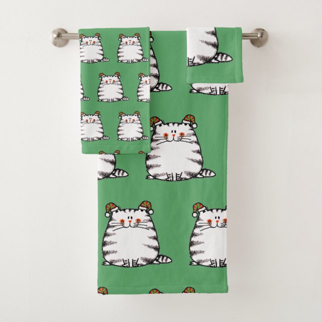 Cute Chubby Cat Two Christmas Hats Bath Towel Set (Insitu)