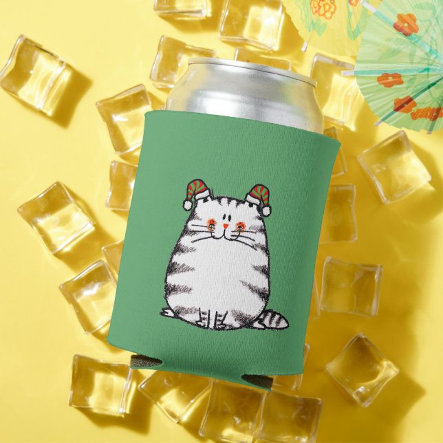 Cute Chubby Cat Two Christmas Hats Can Cooler (In Situ Summer)
