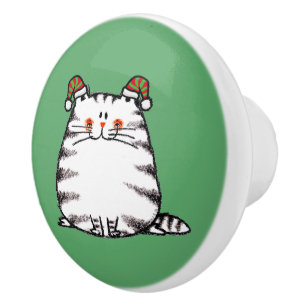 Cute Chubby Cat Two Christmas Hats Ceramic Knob