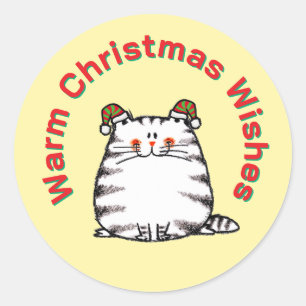 Cute Chubby Cat Two Christmas Hats Warm Wishes Classic Round Sticker
