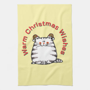 Cute Chubby Cat Two Christmas Hats Warm Wishes Tea Towel