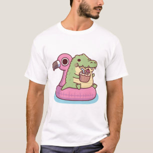 Cute Chubby Crocodile Chilling On Flamingo Pool Fl T-Shirt