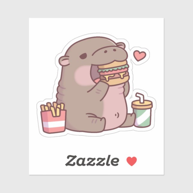 Cute Chubby Pygmy Hippo Loves Eating Burger (Sheet)